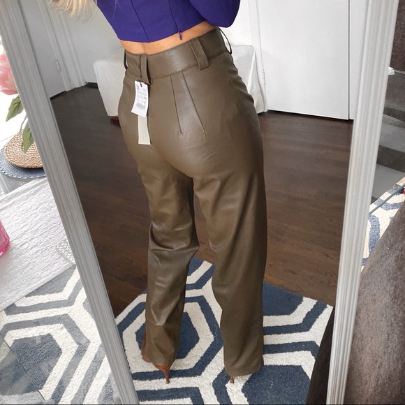π ZARA ASH BROWN FAUX LEATHER FULL LENGTH STRAIGHT LEG HIGH WAIST PANTS! - Picture 4 of 16